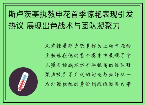 斯卢茨基执教申花首季惊艳表现引发热议 展现出色战术与团队凝聚力