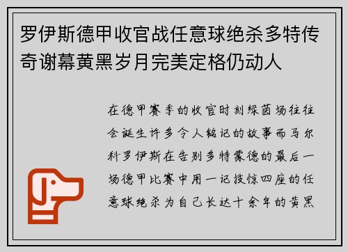 罗伊斯德甲收官战任意球绝杀多特传奇谢幕黄黑岁月完美定格仍动人